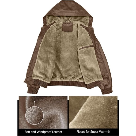 Brand New Men's Brown Polyester Sherpa Lined Hooded Faux Leather Bomber Jacket - Picture 5 of 9